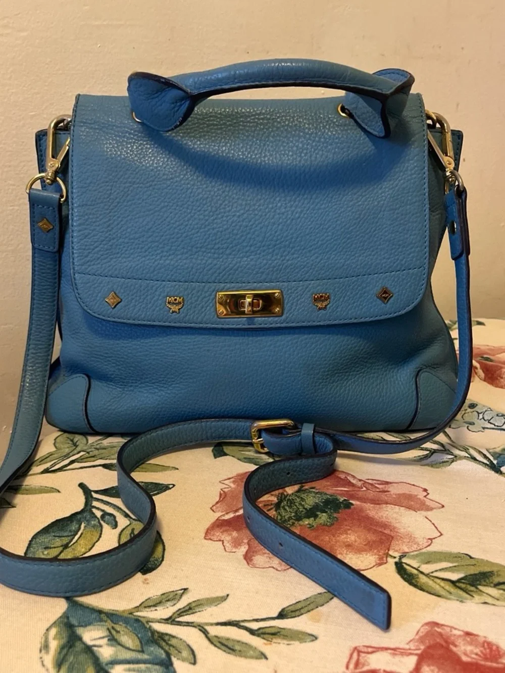 MCM Turquoise Blue Leather Top-Handle Satchel with Gold Hardware